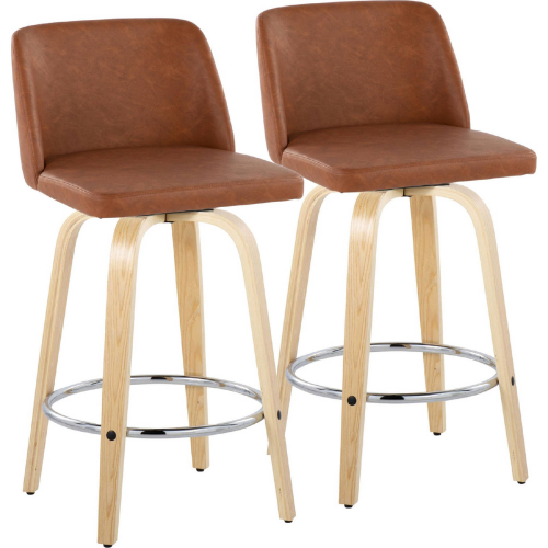 Toriano 26" Swivel Counter Stool in Natural Wood & Camel Leatherette with Chrome Footrest (Set of 2)